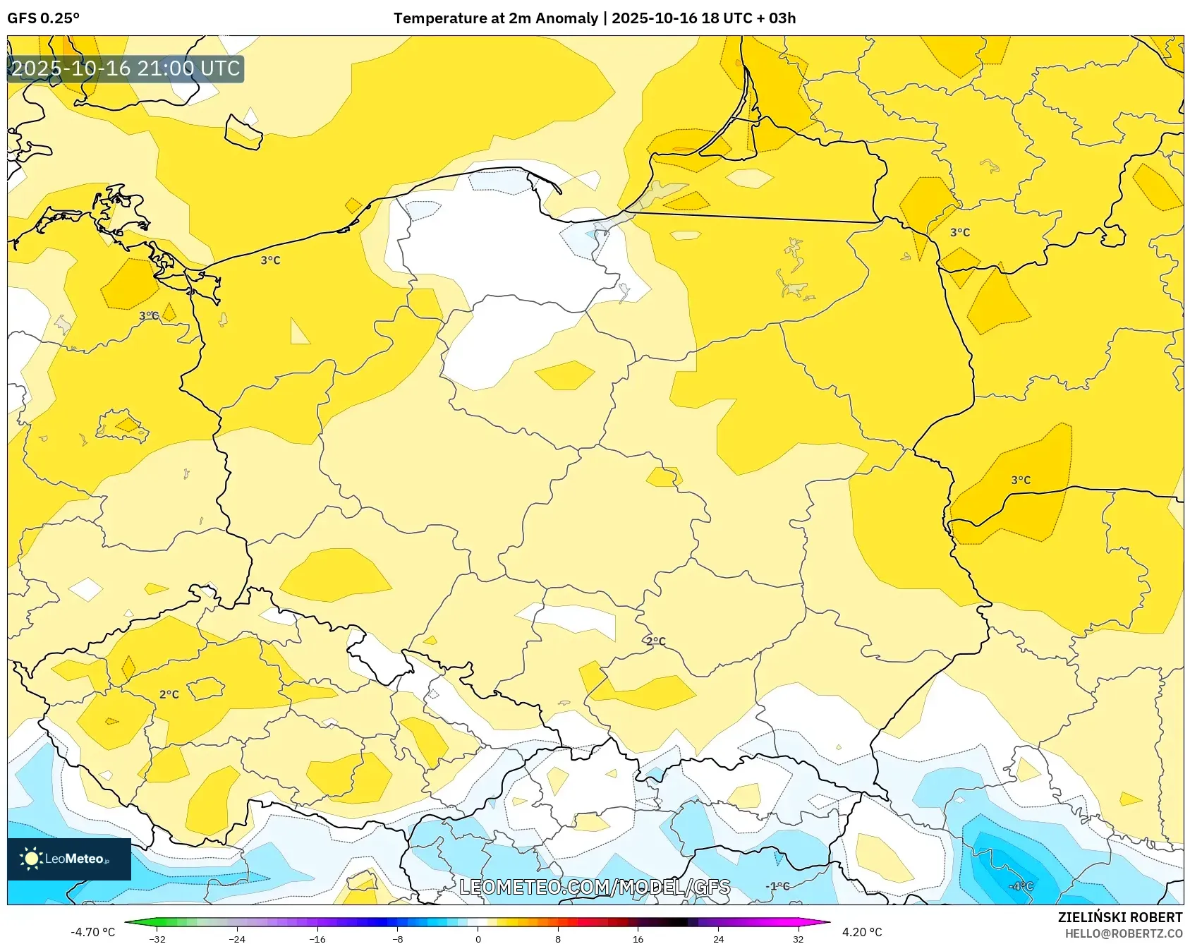 GFS model - Poland, Temperature at 2m Anomaly GFS model - Poland, Temperature at 2m Anomaly