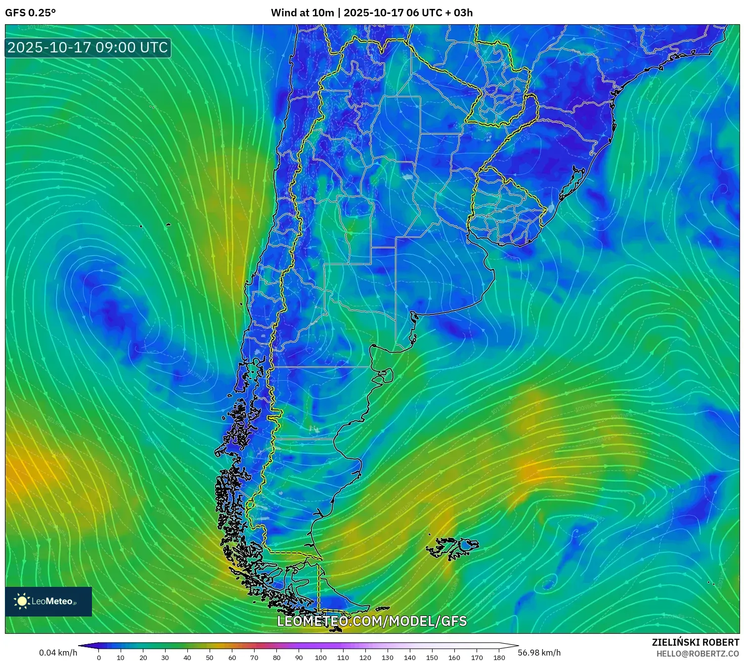 GFS model - Argentina, Wind at 10m GFS model - Argentina, Wind at 10m