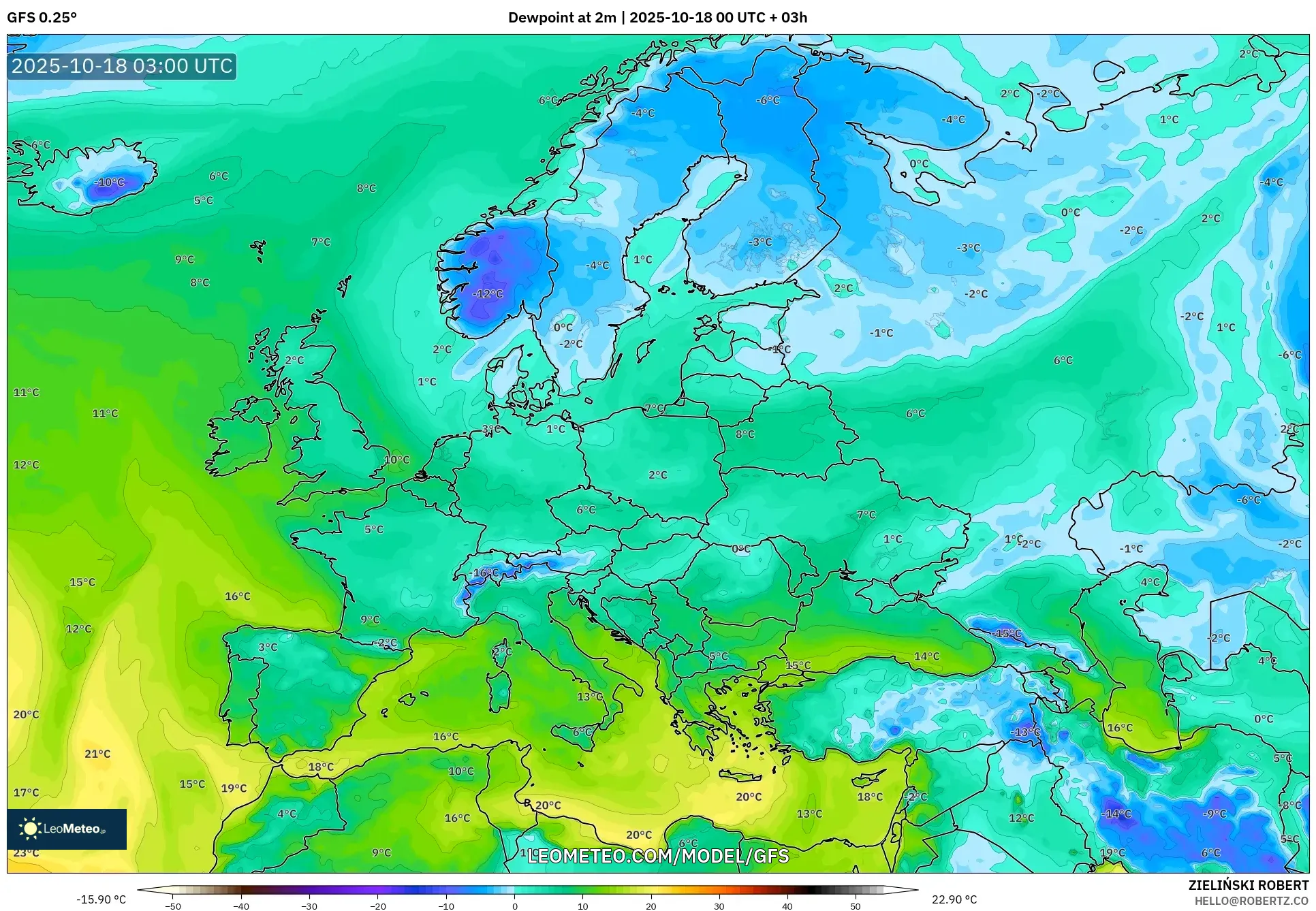 GFS model - Europe, Dewpoint at 2m GFS model - Europe, Dewpoint at 2m