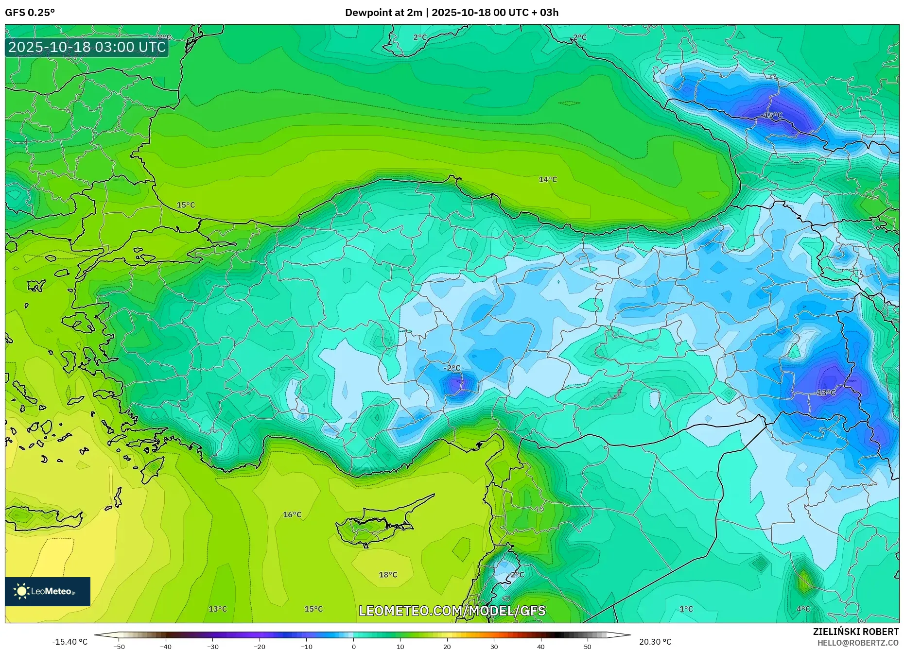 GFS model - Turkey, Dewpoint at 2m GFS model - Turkey, Dewpoint at 2m