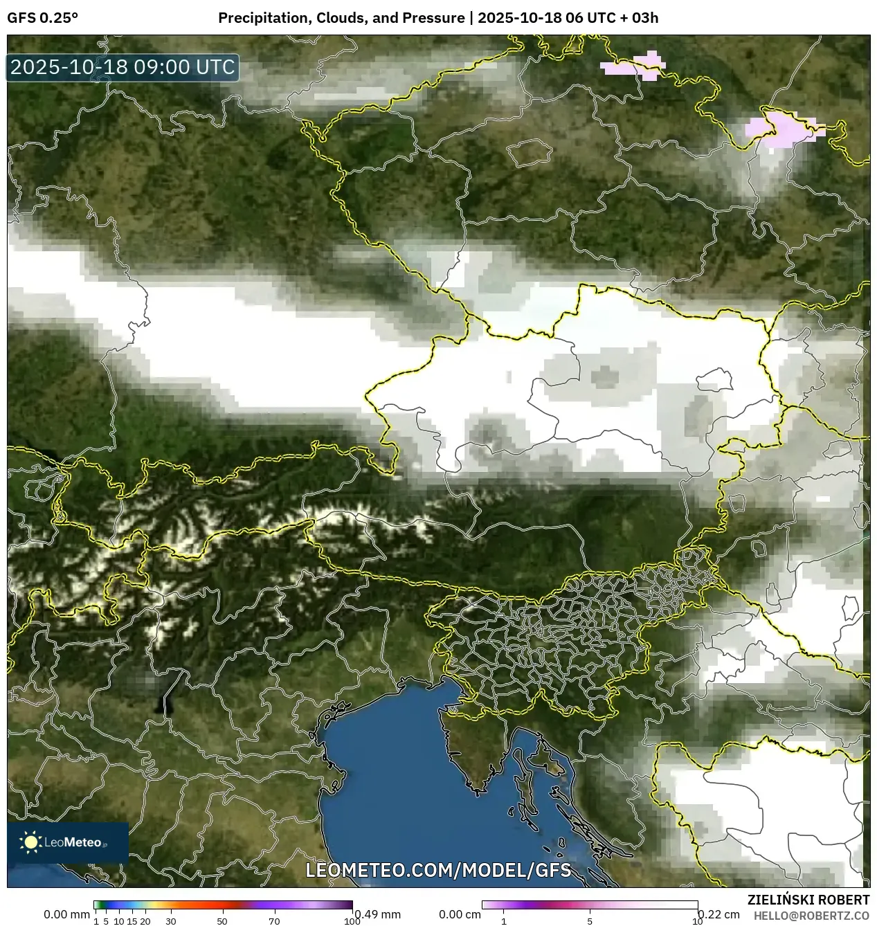 GFS model - Austria, Precipitation, Clouds, and Pressure GFS model - Austria, Precipitation, Clouds, and Pressure
