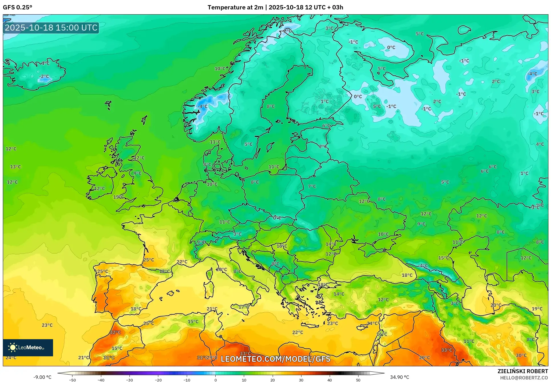GFS model - Europe, Temperature at 2m GFS model - Europe, Temperature at 2m