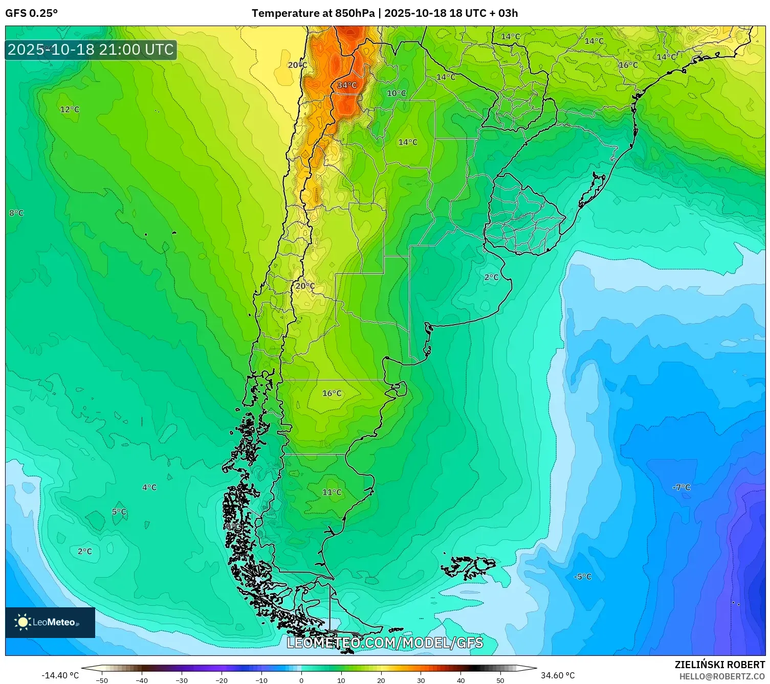 GFS model - Argentina, Temperature at 850hPa GFS model - Argentina, Temperature at 850hPa