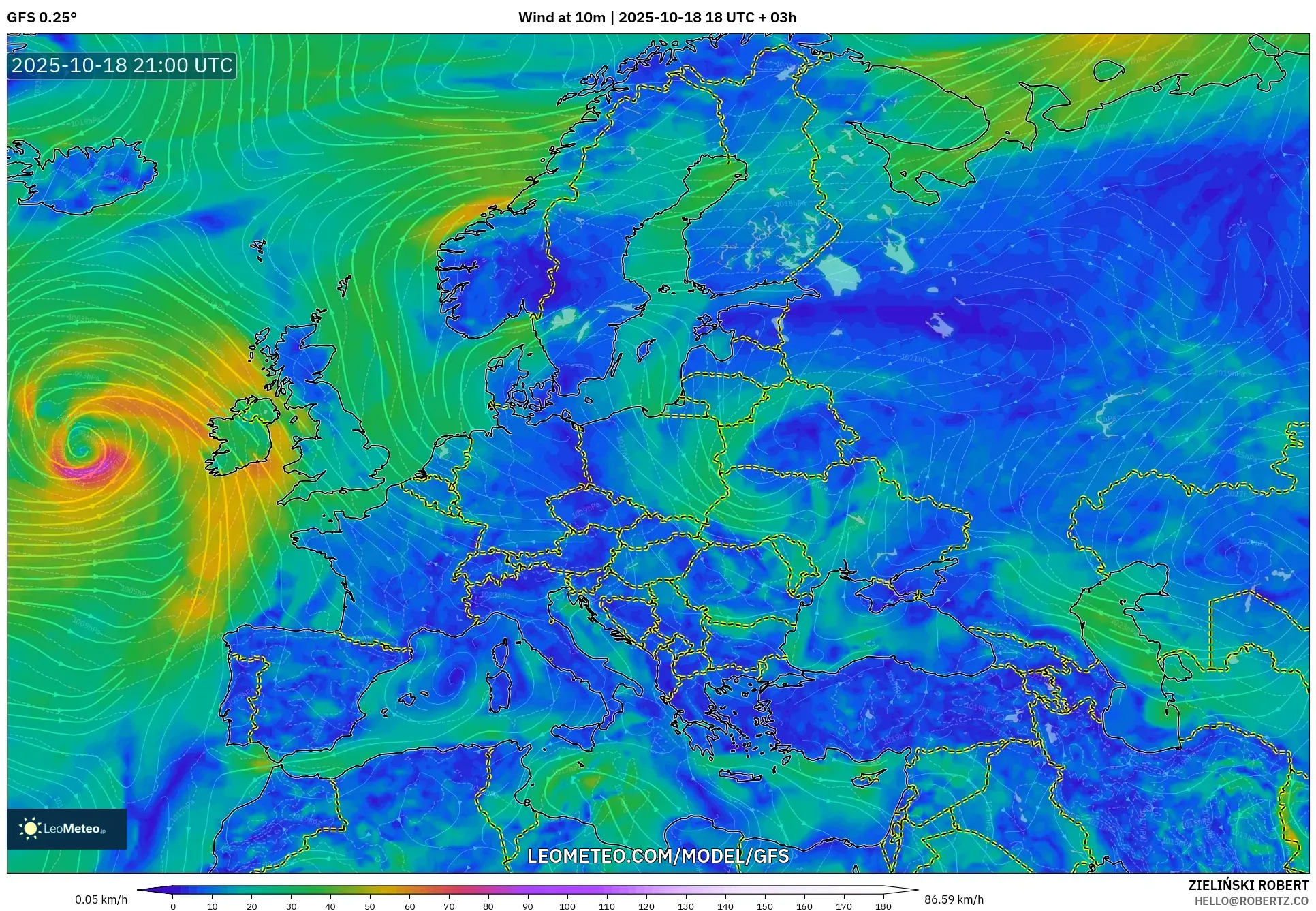 GFS model - Europe, Wind at 10m GFS model - Europe, Wind at 10m