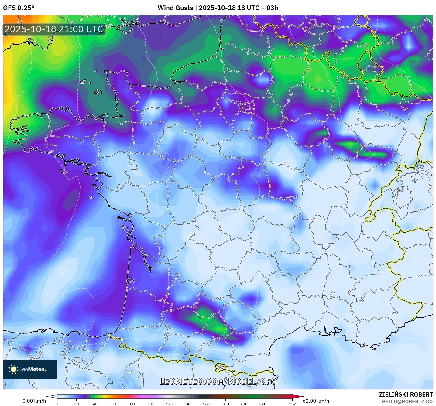 GFS model - France, Wind Gusts GFS model - France, Wind Gusts