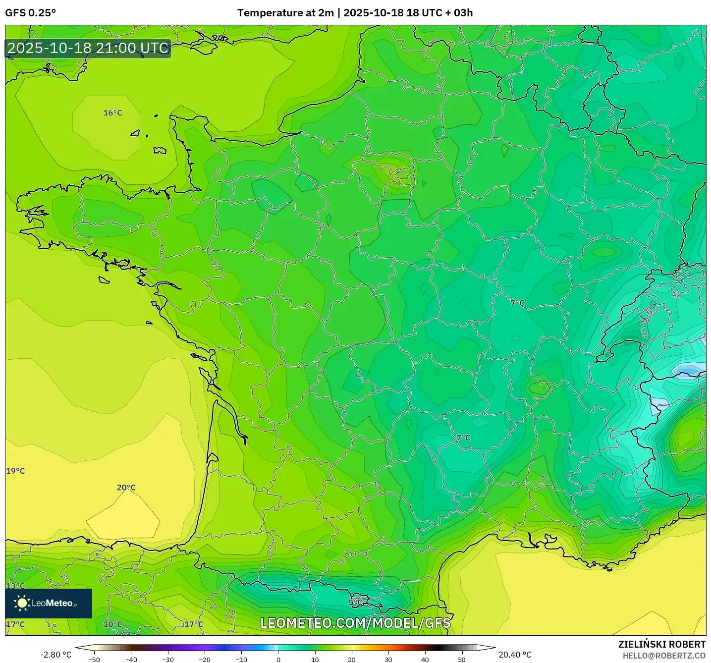GFS model - France, Temperature at 2m GFS model - France, Temperature at 2m