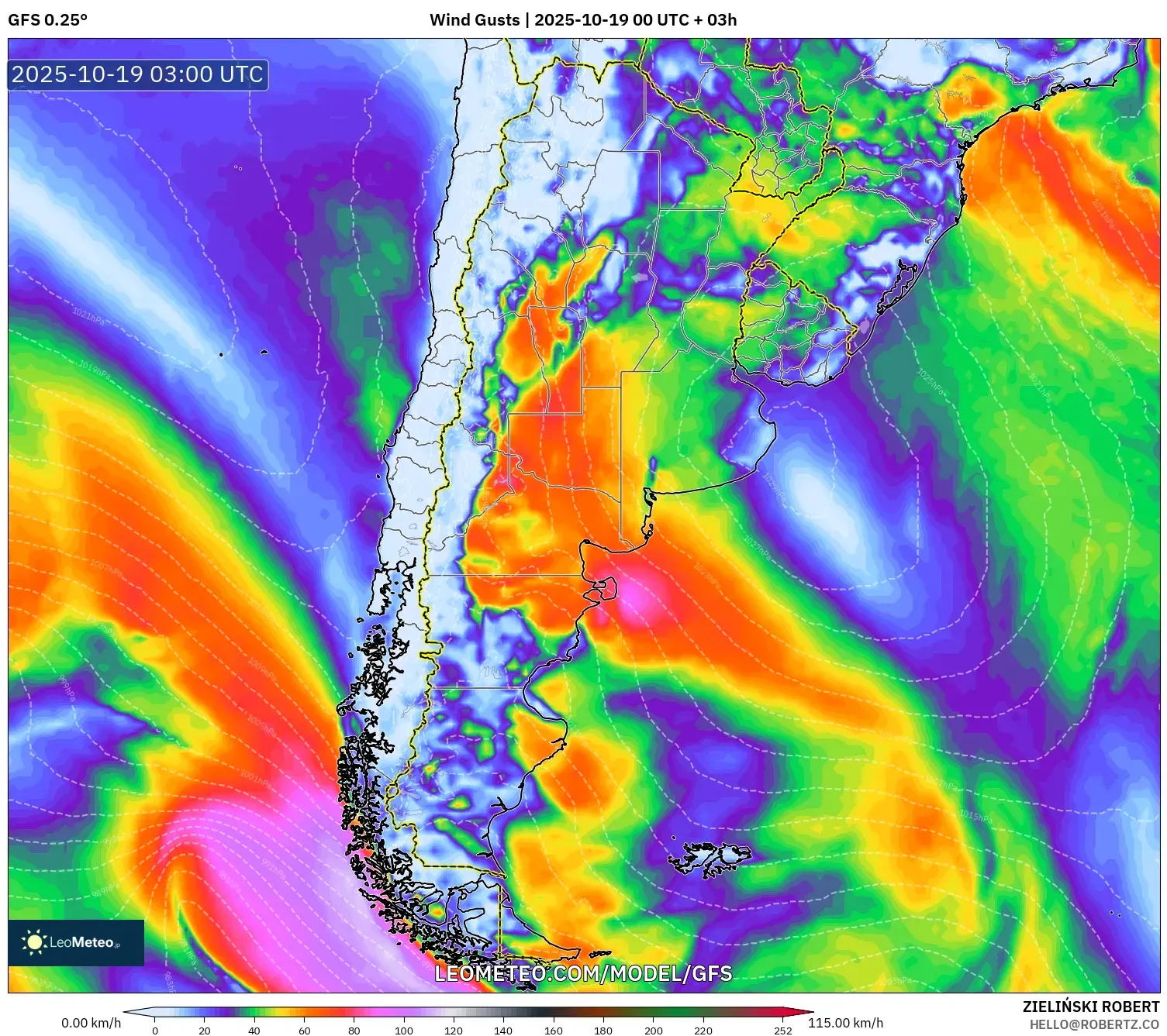 GFS model - Argentina, Wind Gusts GFS model - Argentina, Wind Gusts
