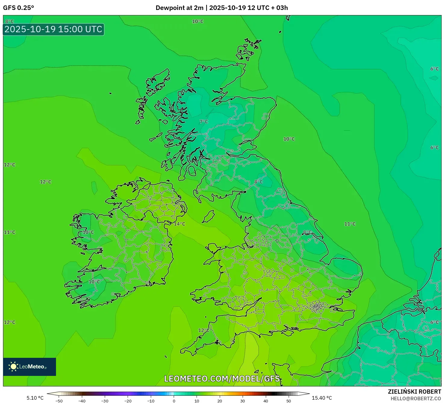 GFS model - United Kingdom, Dewpoint at 2m GFS model - United Kingdom, Dewpoint at 2m