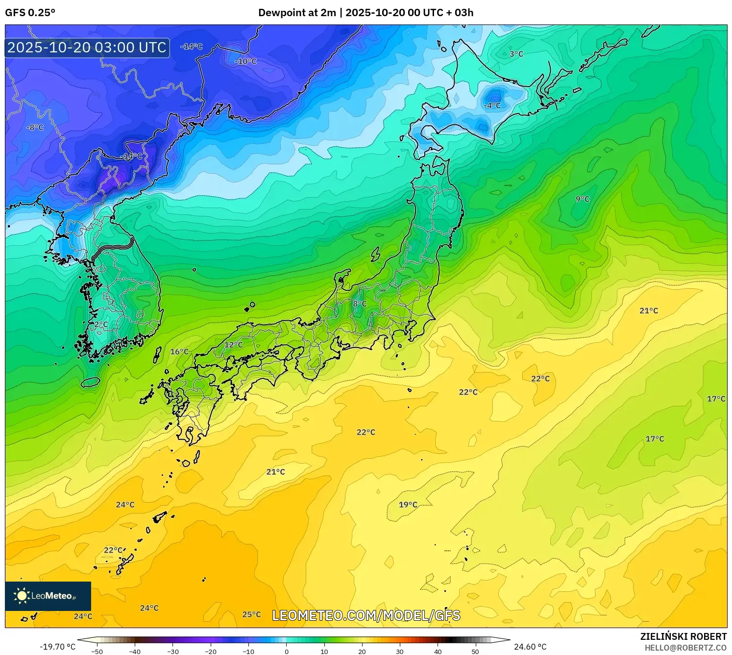 GFS model - Japan, Dewpoint at 2m GFS model - Japan, Dewpoint at 2m