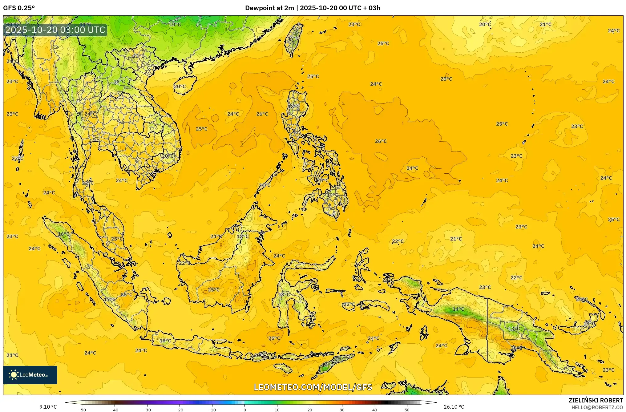 GFS model - South East Asia, Dewpoint at 2m GFS model - South East Asia, Dewpoint at 2m