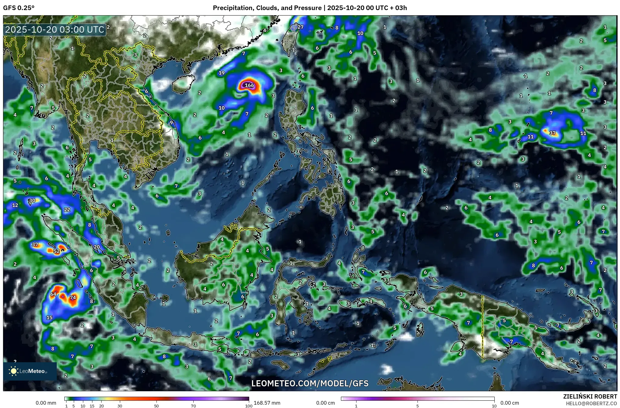 GFS model - South East Asia, Precipitation, Clouds, and Pressure GFS model - South East Asia, Precipitation, Clouds, and Pressure