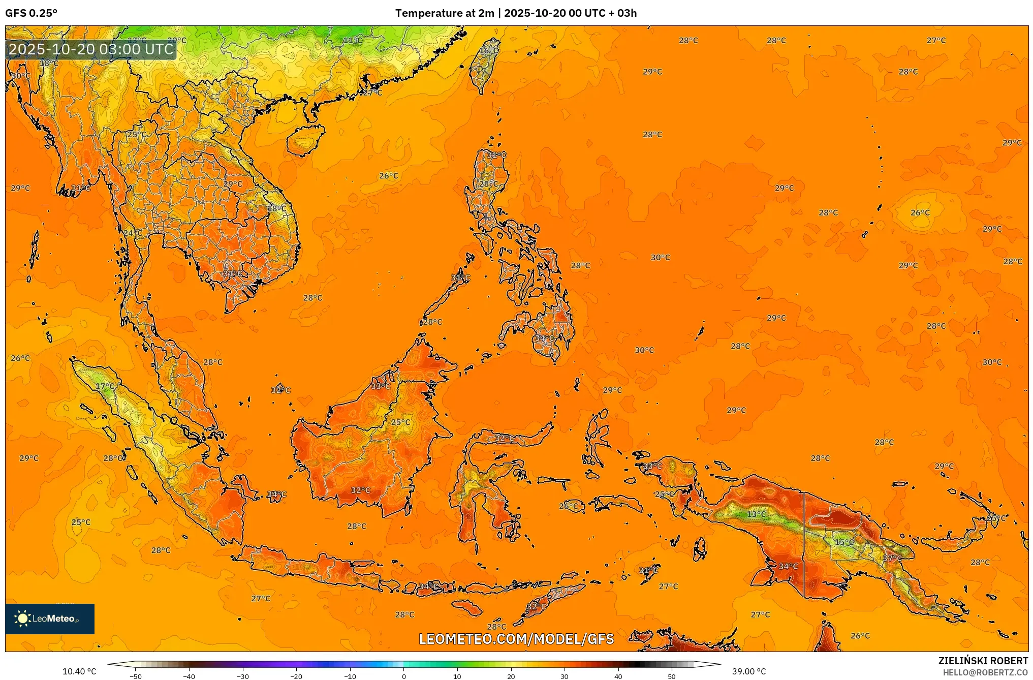 GFS model - South East Asia, Temperature at 2m GFS model - South East Asia, Temperature at 2m