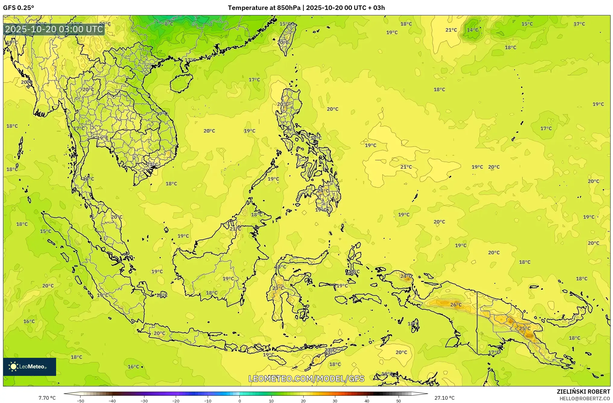GFS model - South East Asia, Temperature at 850hPa GFS model - South East Asia, Temperature at 850hPa