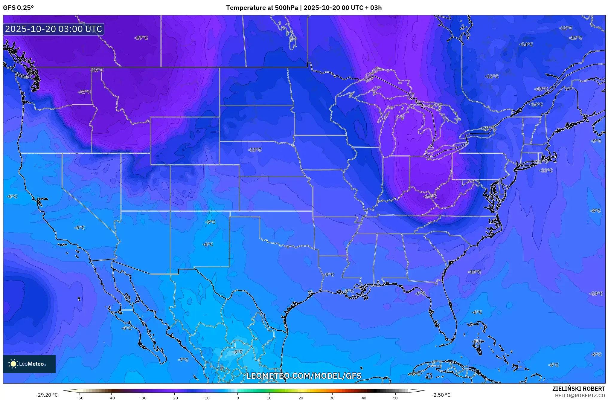 GFS model - United States, Temperature at 500hPa GFS model - United States, Temperature at 500hPa
