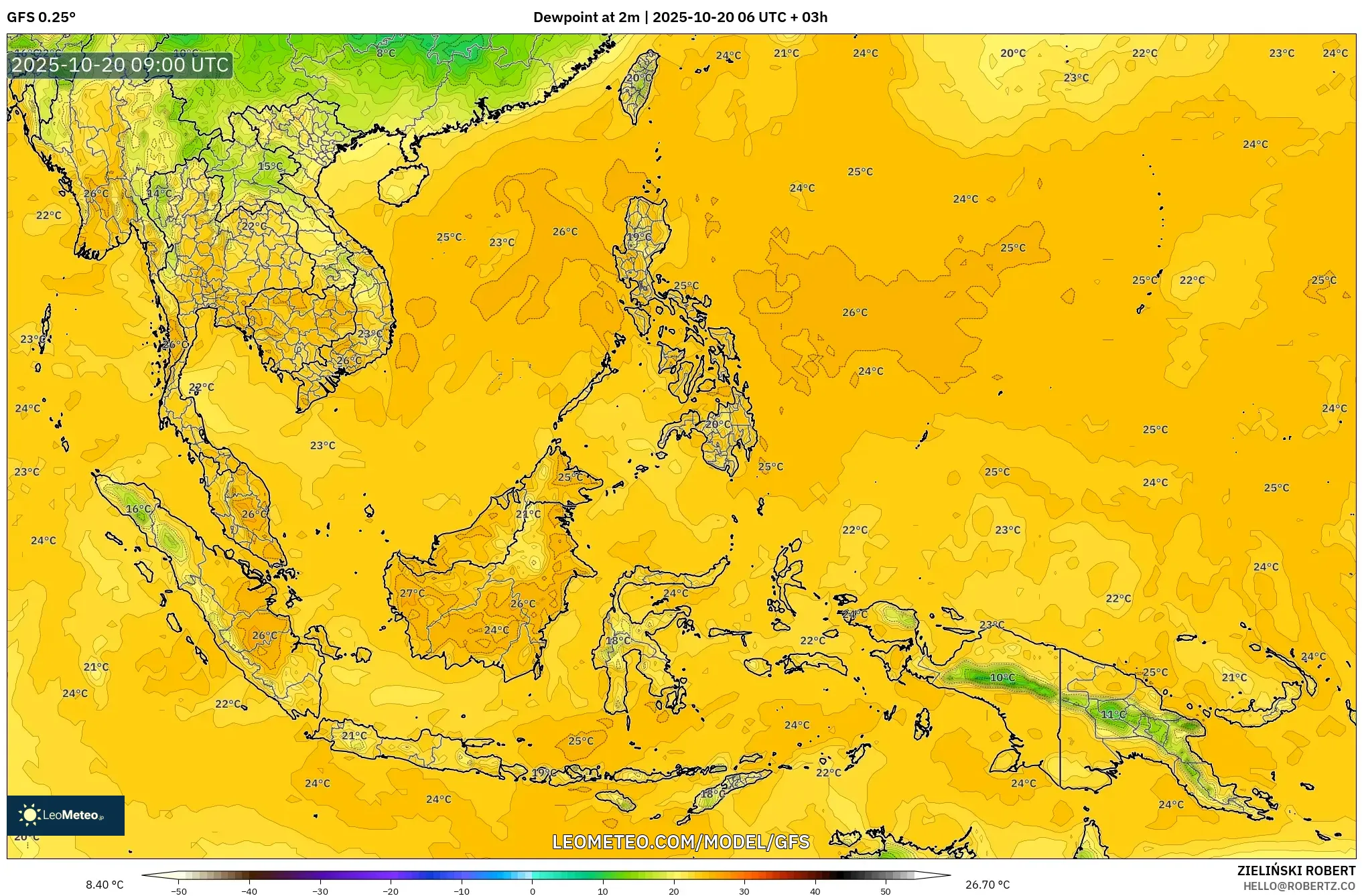 GFS model - South East Asia, Dewpoint at 2m GFS model - South East Asia, Dewpoint at 2m