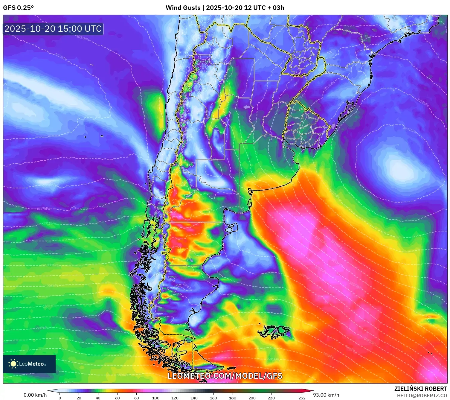 GFS model - Argentina, Wind Gusts