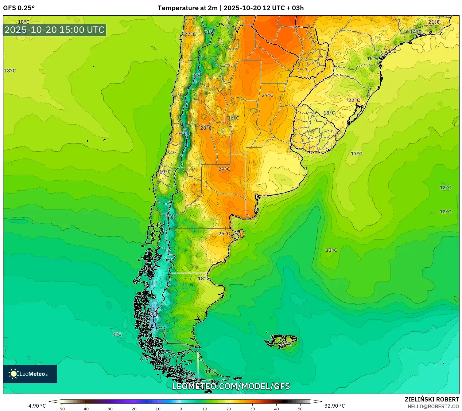 GFS model - Argentina, Temperature at 2m GFS model - Argentina, Temperature at 2m
