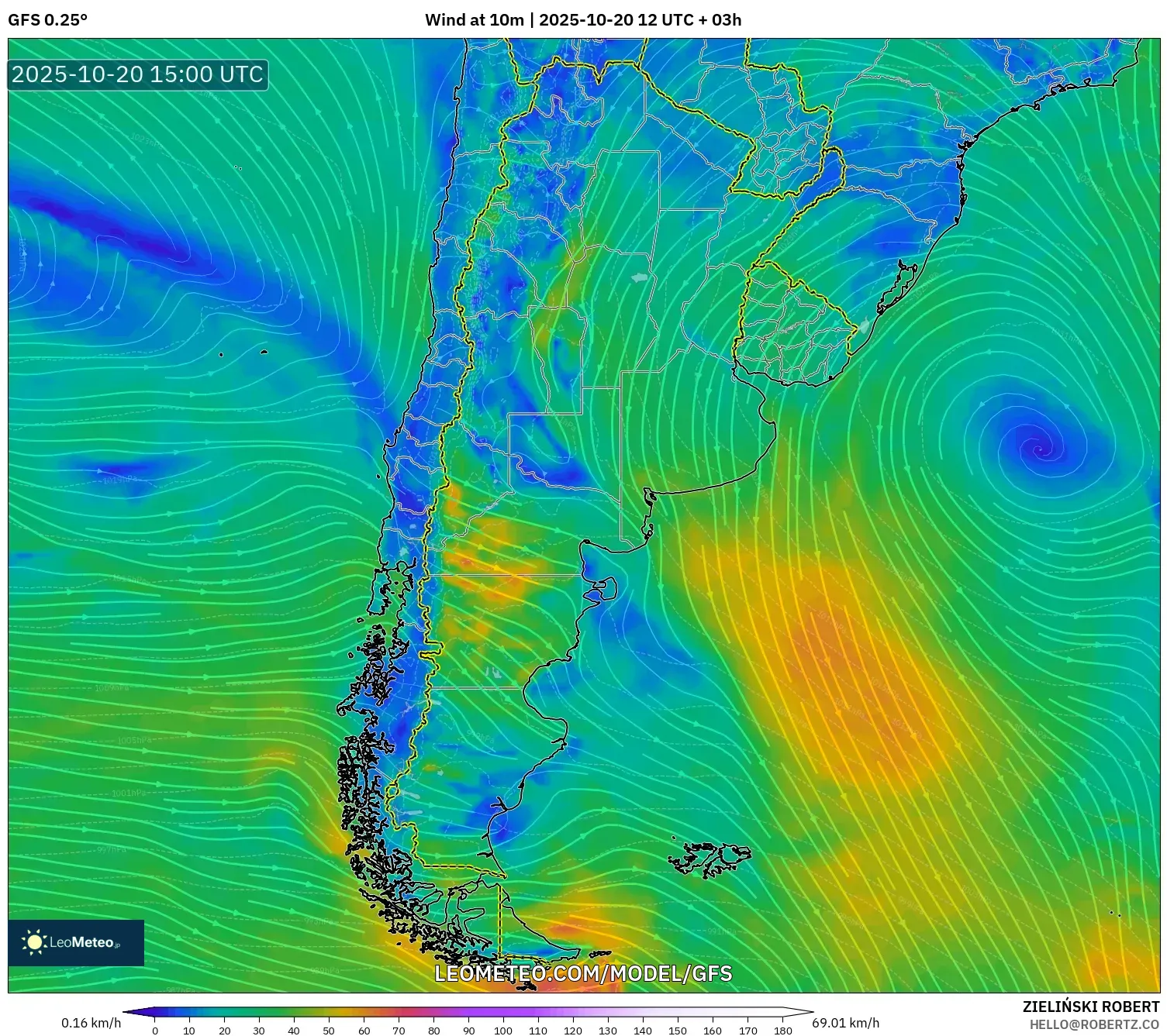 GFS model - Argentina, Wind at 10m GFS model - Argentina, Wind at 10m