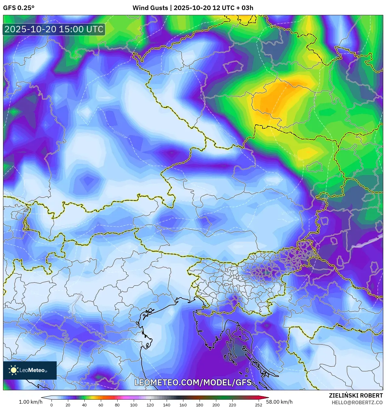 GFS model - Austria, Wind Gusts GFS model - Austria, Wind Gusts