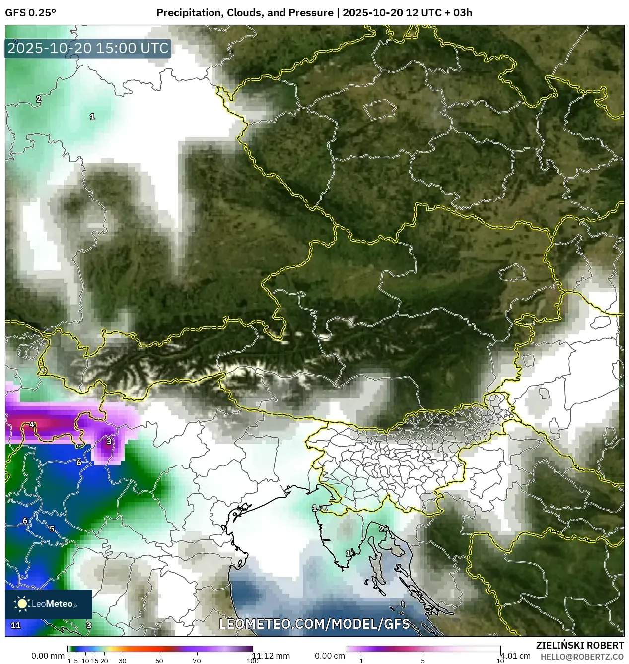 GFS model - Austria, Precipitation, Clouds, and Pressure GFS model - Austria, Precipitation, Clouds, and Pressure