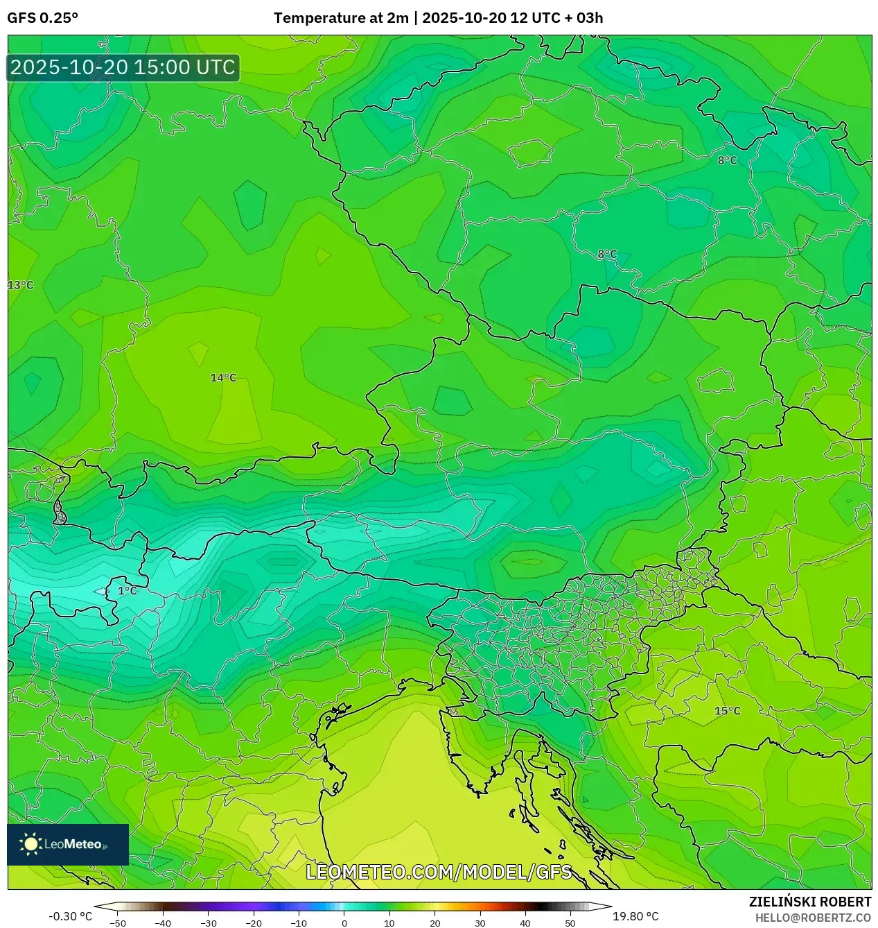 GFS model - Austria, Temperature at 2m GFS model - Austria, Temperature at 2m