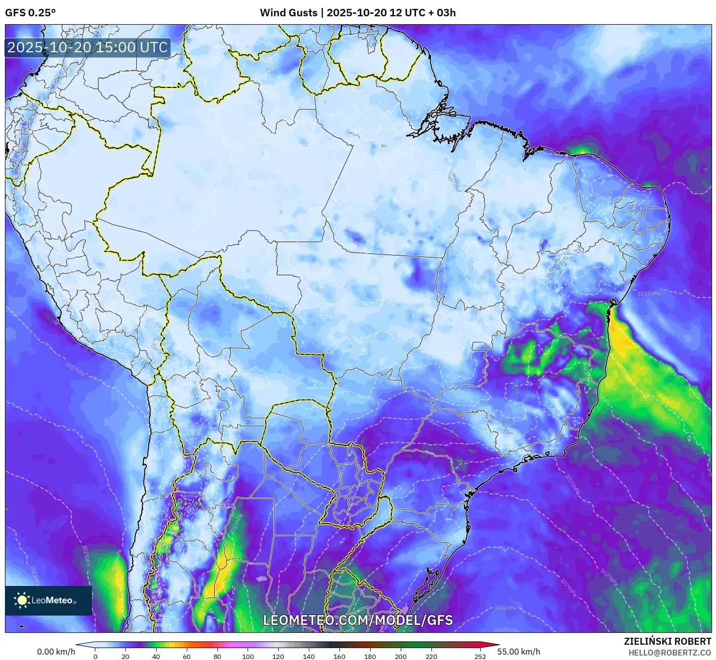 GFS model - Brazil, Wind Gusts GFS model - Brazil, Wind Gusts