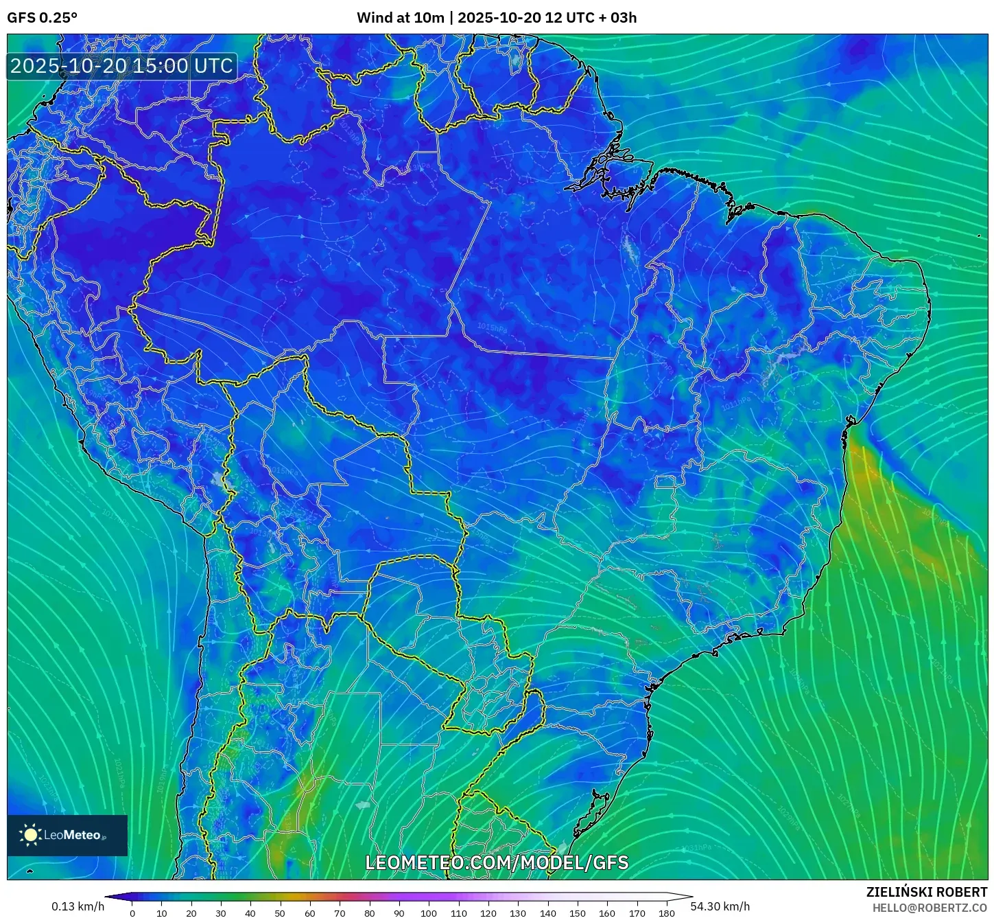GFS model - Brazil, Wind at 10m GFS model - Brazil, Wind at 10m