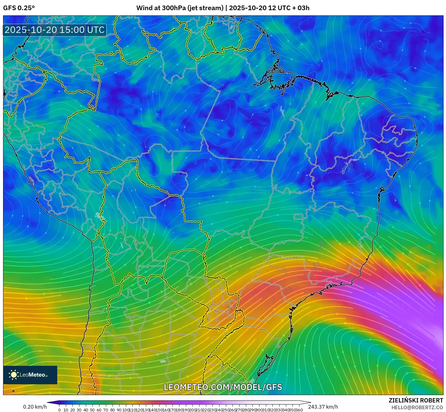 GFS model - Brazil, Wind at 300hPa (jet stream) GFS model - Brazil, Wind at 300hPa (jet stream)