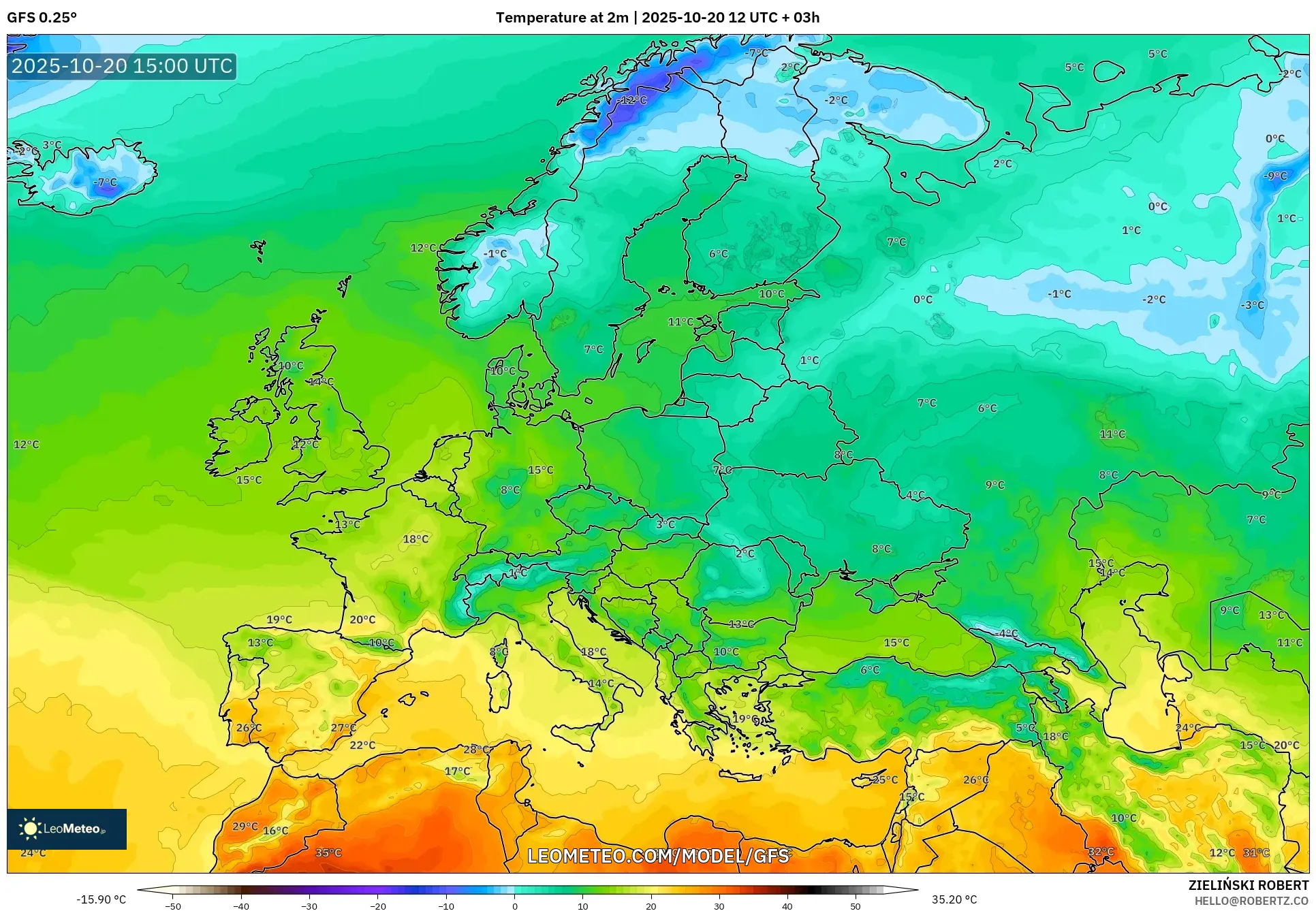 GFS model - Europe, Temperature at 2m