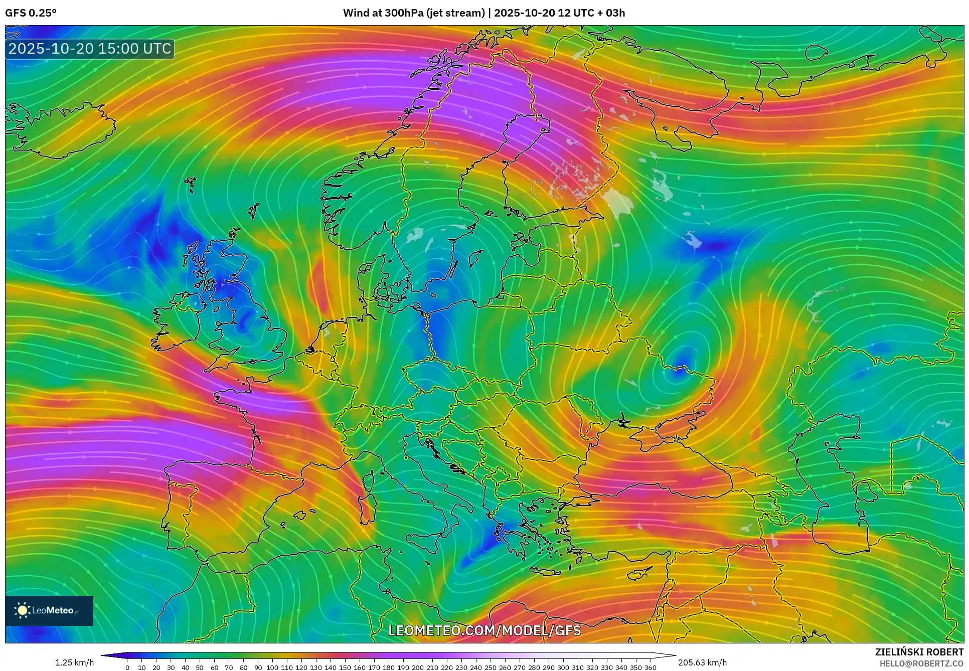 GFS model - Europe, Wind at 300hPa (jet stream) GFS model - Europe, Wind at 300hPa (jet stream)
