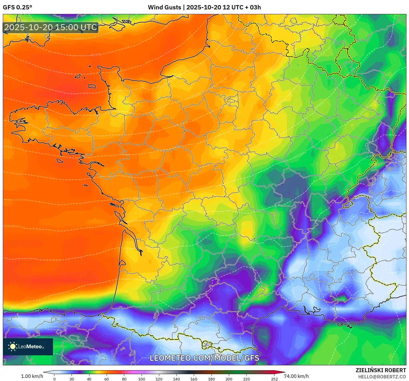 GFS model - France, Wind Gusts GFS model - France, Wind Gusts