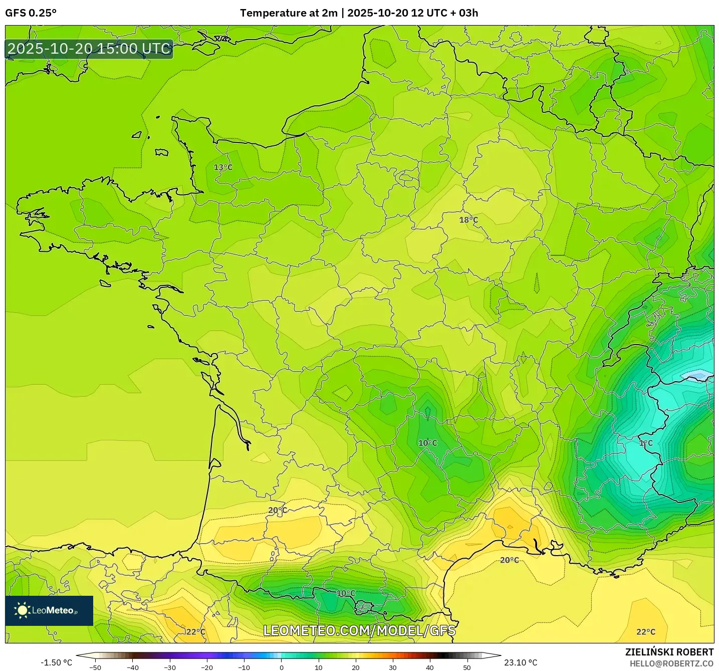 GFS model - France, Temperature at 2m GFS model - France, Temperature at 2m