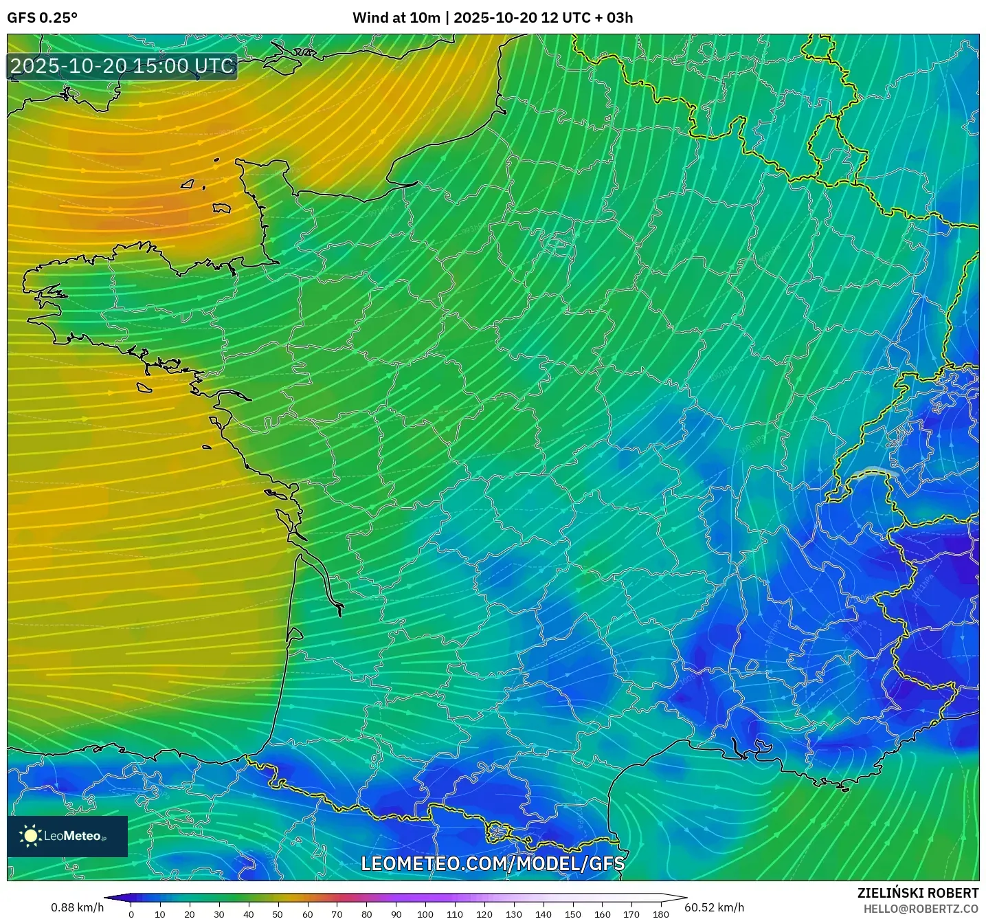 GFS model - France, Wind at 10m GFS model - France, Wind at 10m