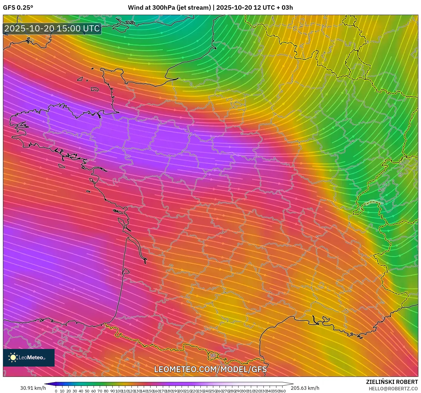 GFS model - France, Wind at 300hPa (jet stream) GFS model - France, Wind at 300hPa (jet stream)