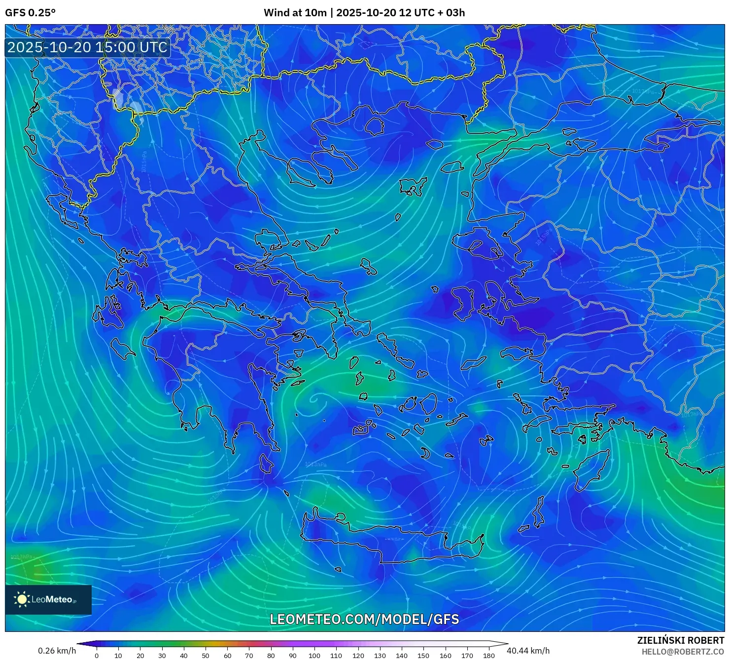 GFS model - Greece, Wind at 10m