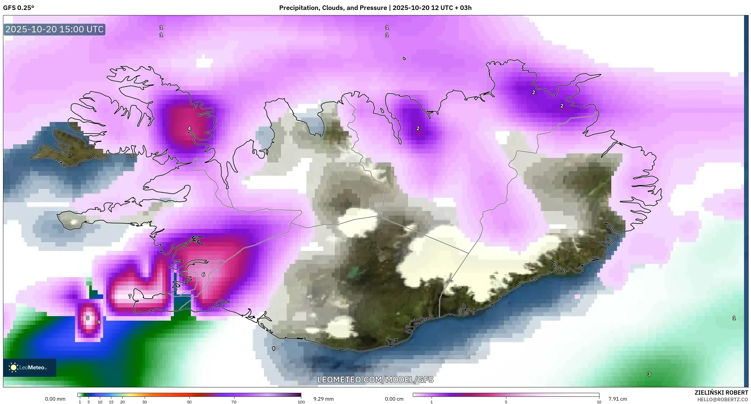 GFS model - Iceland, Precipitation, Clouds, and Pressure GFS model - Iceland, Precipitation, Clouds, and Pressure