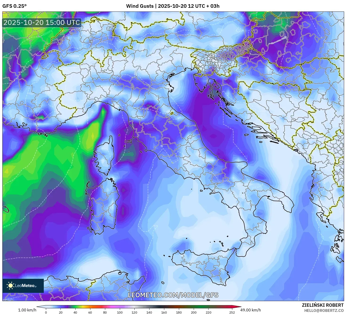 GFS model - Italy, Wind Gusts GFS model - Italy, Wind Gusts