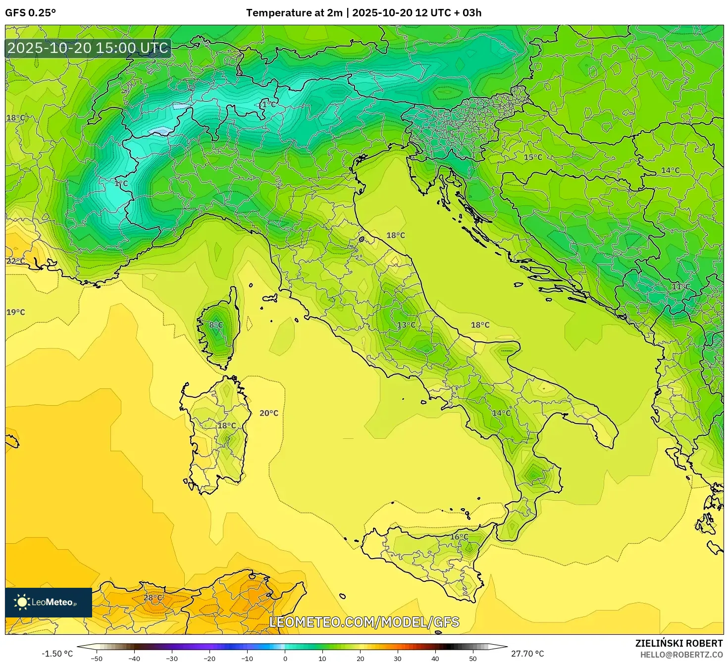 GFS model - Italy, Temperature at 2m GFS model - Italy, Temperature at 2m