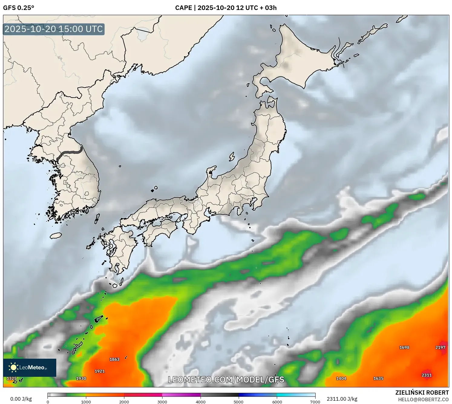 GFS model - Japan, CAPE GFS model - Japan, CAPE