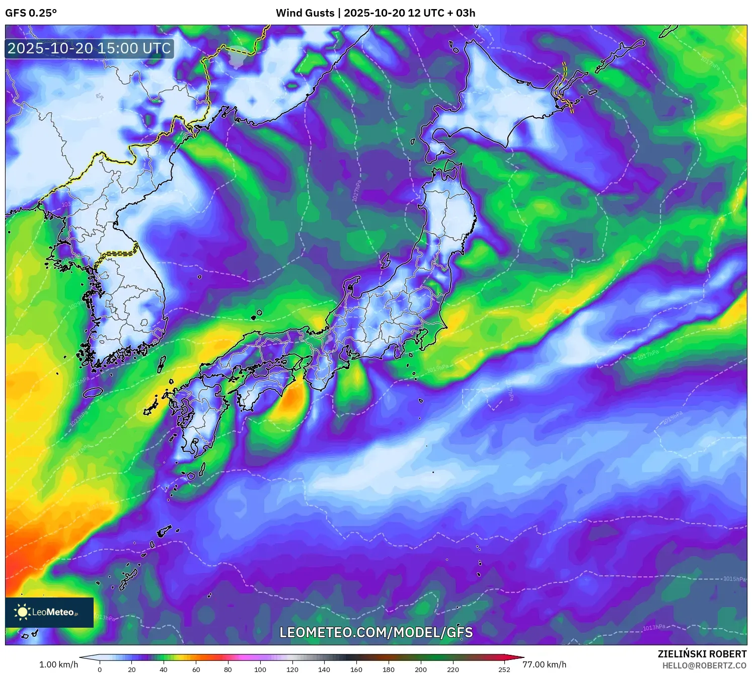 GFS model - Japan, Wind Gusts