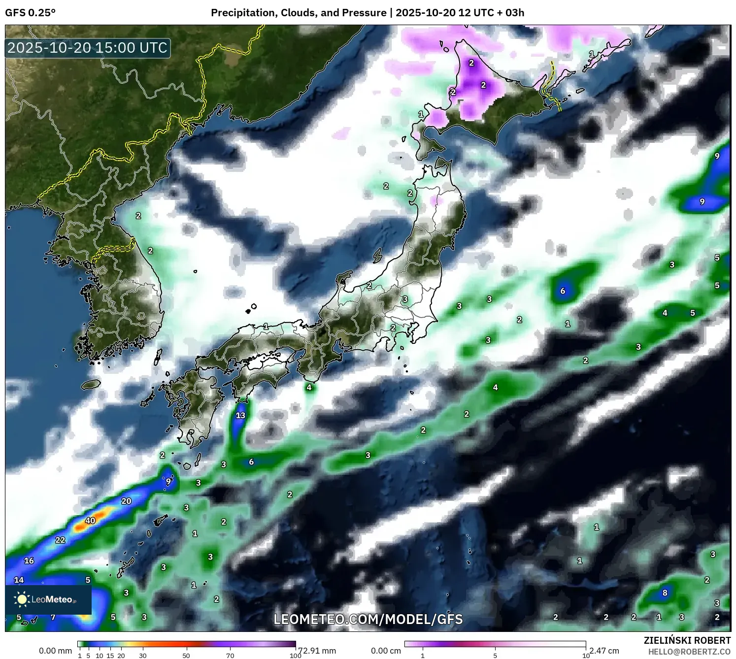 GFS model - Japan, Precipitation, Clouds, and Pressure GFS model - Japan, Precipitation, Clouds, and Pressure