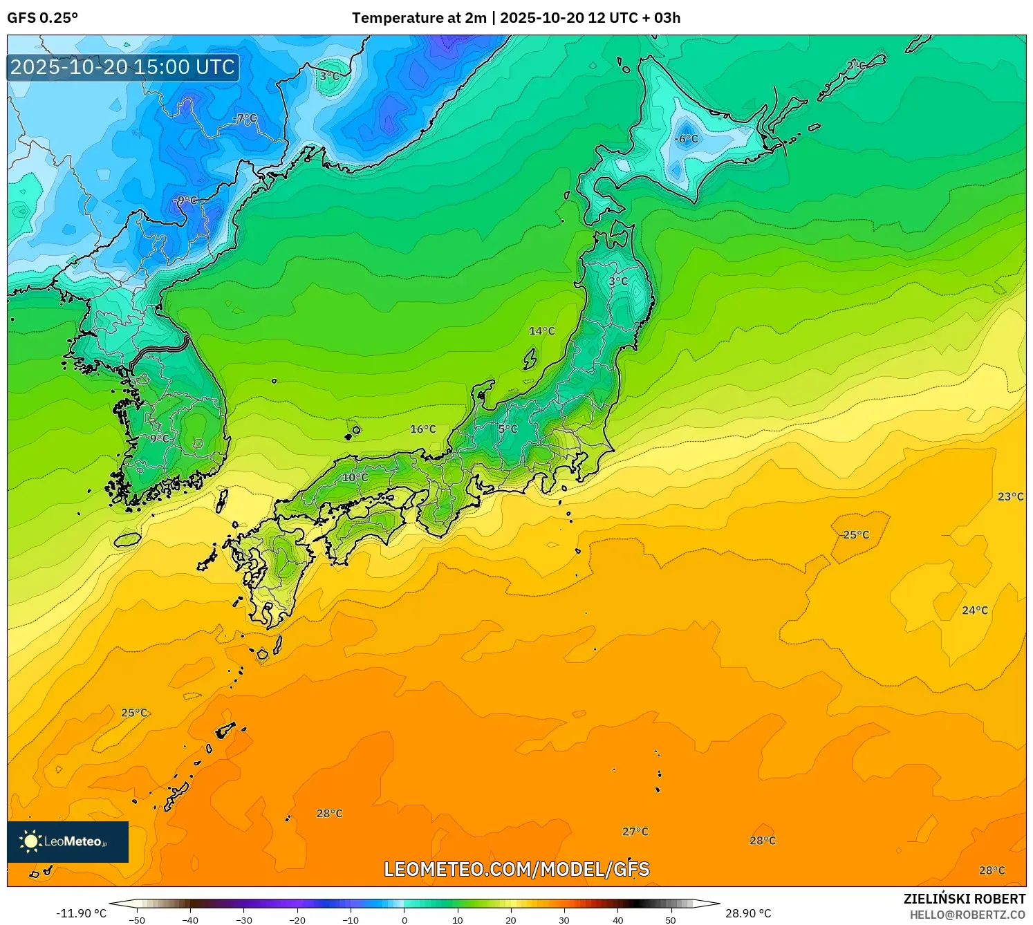 GFS model - Japan, Temperature at 2m GFS model - Japan, Temperature at 2m