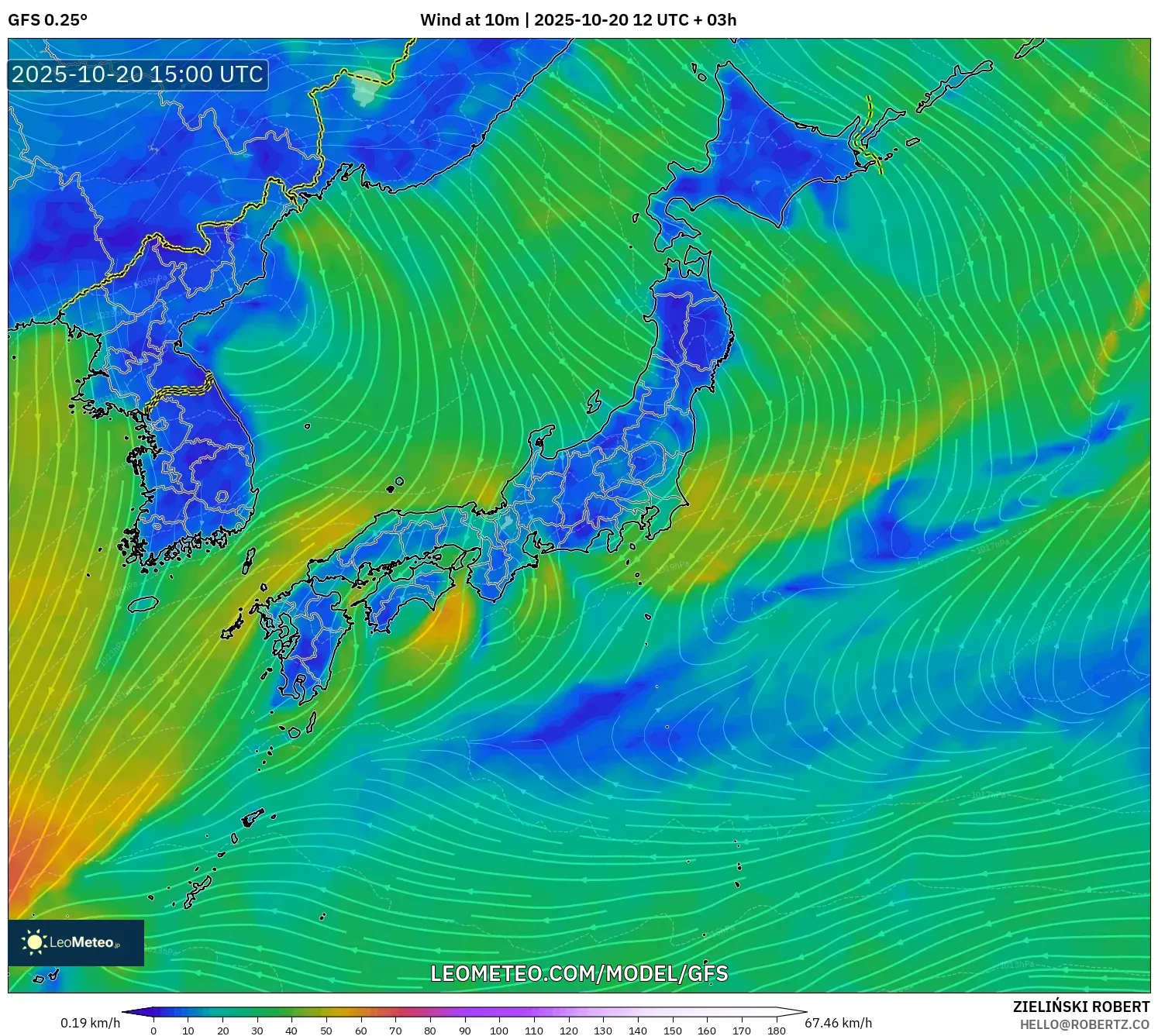 GFS model - Japan, Wind at 10m GFS model - Japan, Wind at 10m