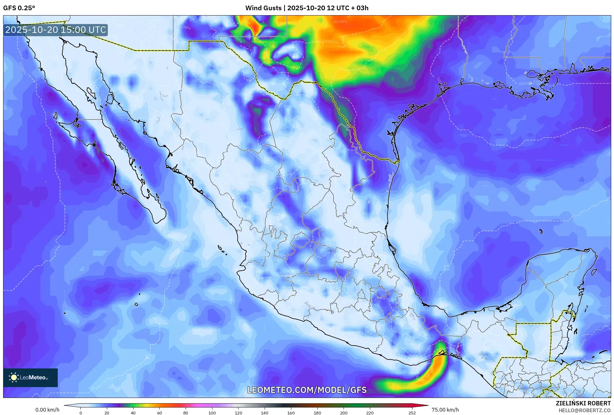 GFS model - Mexico, Wind Gusts GFS model - Mexico, Wind Gusts
