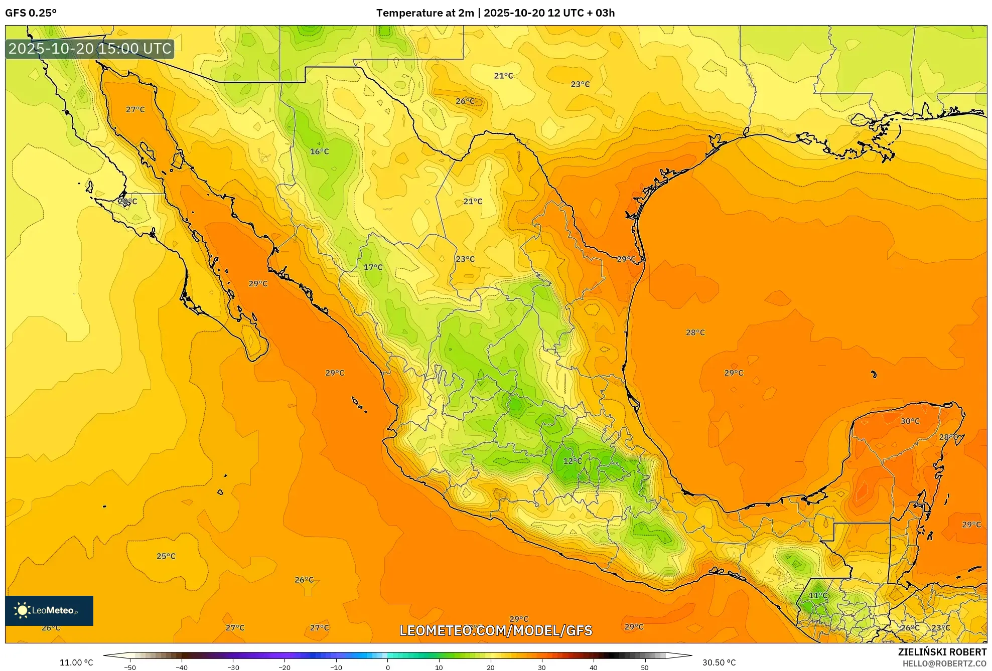 GFS model - Mexico, Temperature at 2m GFS model - Mexico, Temperature at 2m