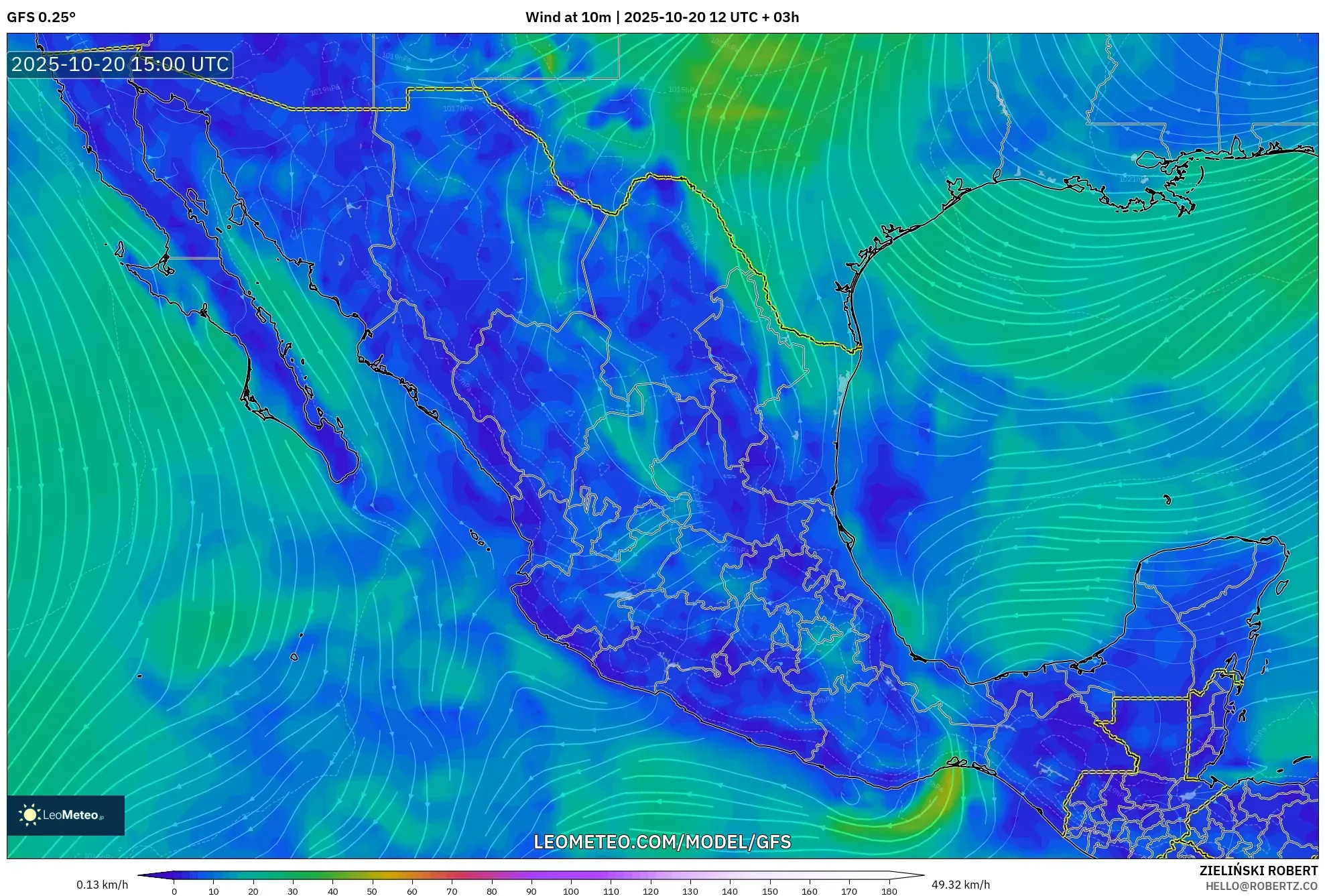 GFS model - Mexico, Wind at 10m GFS model - Mexico, Wind at 10m