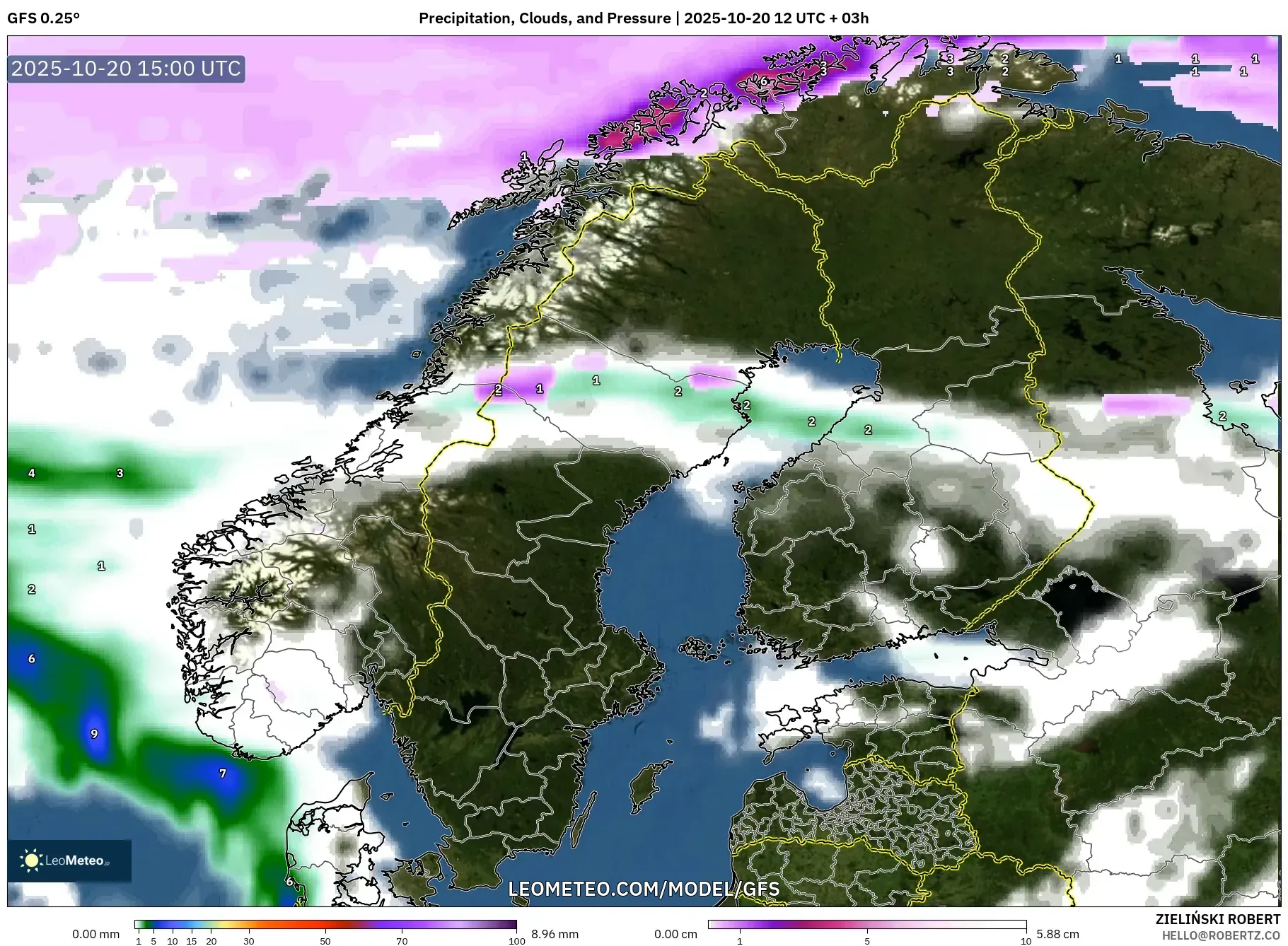 GFS model - Scandinavia, Precipitation, Clouds, and Pressure GFS model - Scandinavia, Precipitation, Clouds, and Pressure