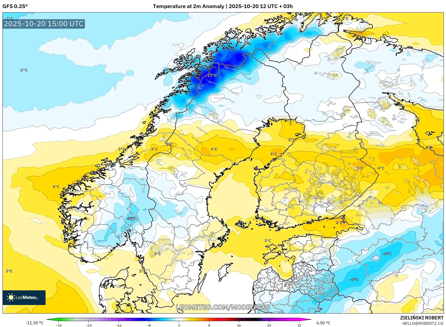 GFS model - Scandinavia, Temperature at 2m Anomaly GFS model - Scandinavia, Temperature at 2m Anomaly