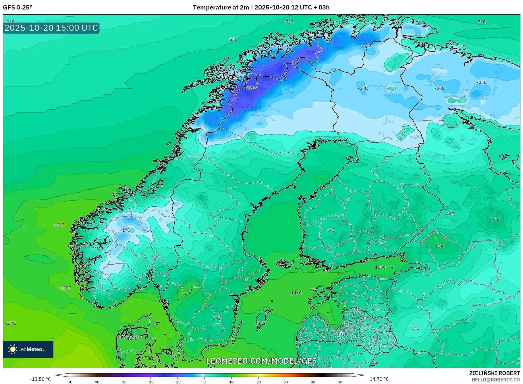 GFS model - Scandinavia, Temperature at 2m GFS model - Scandinavia, Temperature at 2m