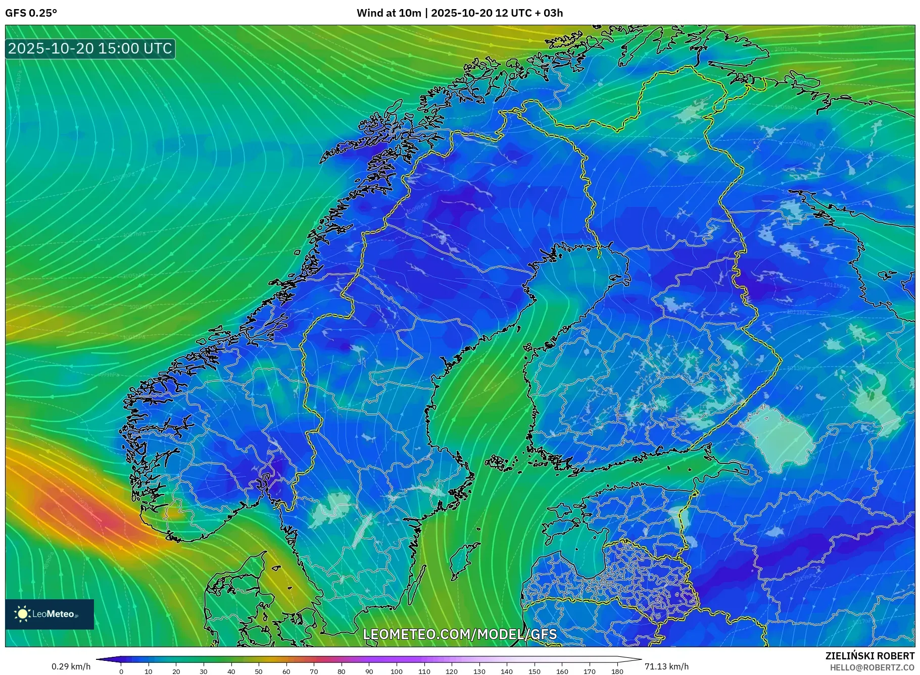 GFS model - Scandinavia, Wind at 10m GFS model - Scandinavia, Wind at 10m
